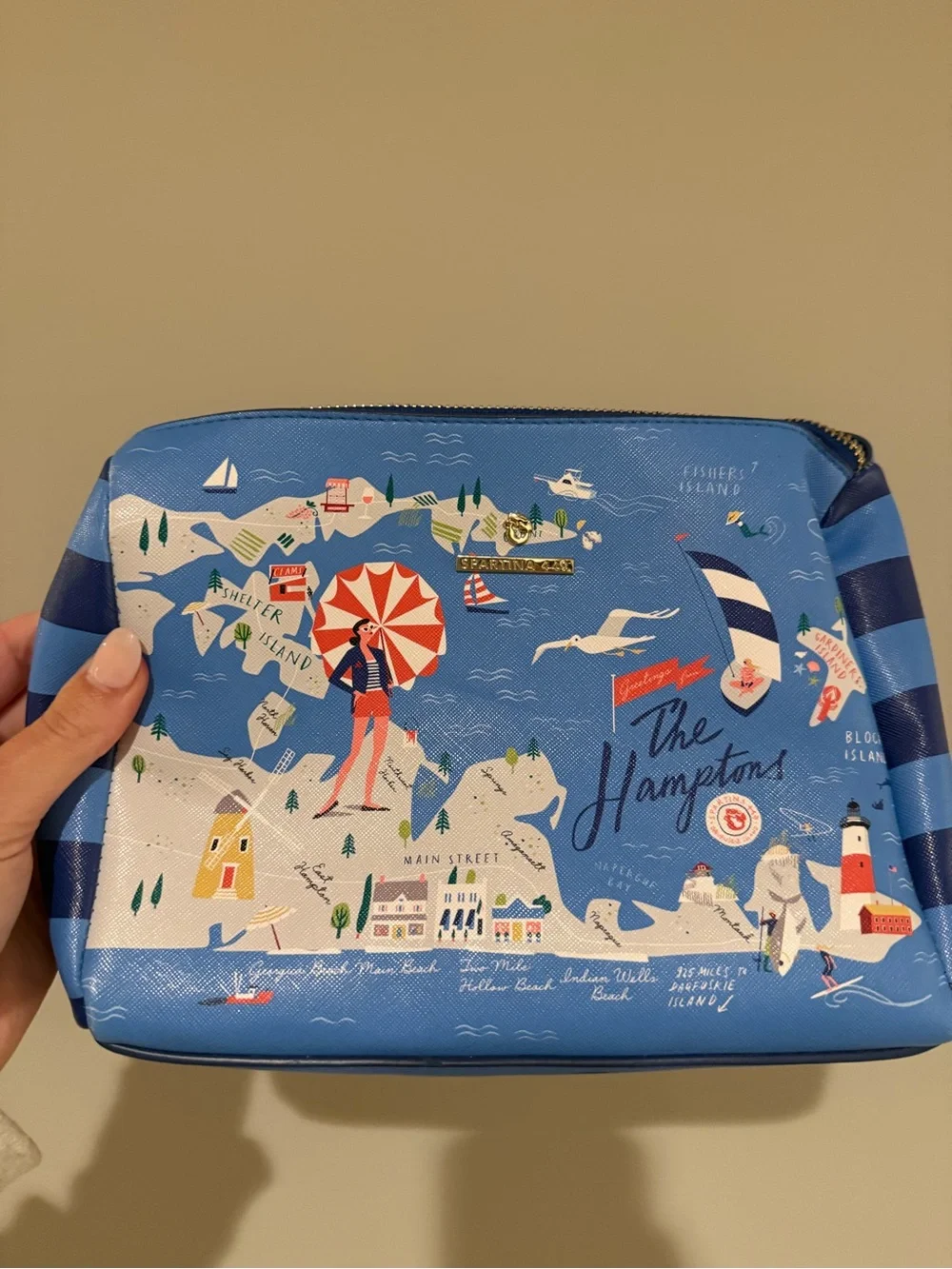 Spartina 449 Blue Coastal Map Cosmetic Pouch with Tan Zip Pull